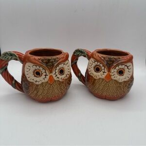 2 Cracker Barrel Exclusive Orange raised Owl Pumpkin Fall Autumn Stoneware Mugs